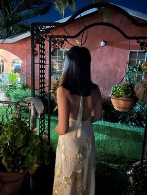 Ivory Backless Maxi Dress with Gold Floral Appliqué